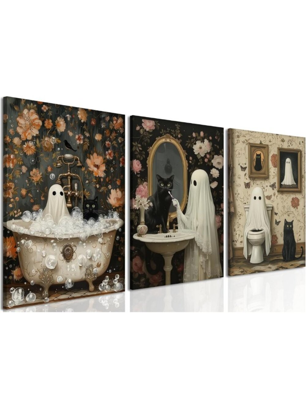 Spooky Halloween Ghost Wall Art Set of 3 - Gothic Bathroom Decor, Framed Prints